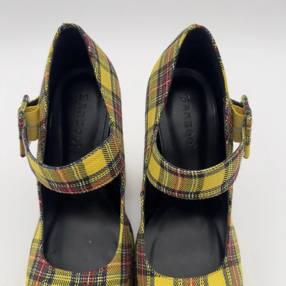 Bamboo Yellow Plaid Platform Mary Jane Round Toe Buckle Strap Heels Women's 6.5